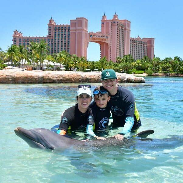 a family of three in blue waters with a dolphin.